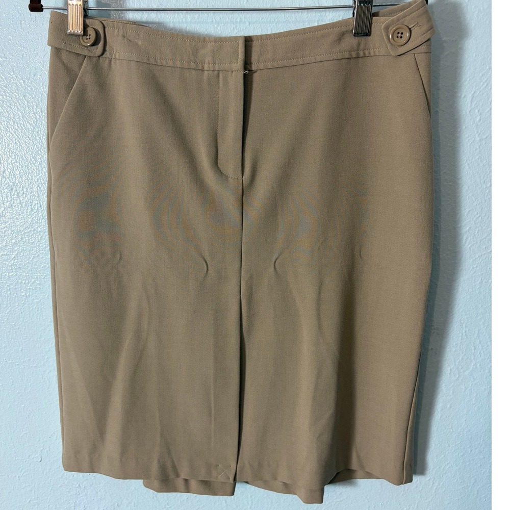 Moda International Khaki Pencil Skirt Tan Button Waist Knee Length 8 Minimalist